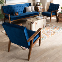 Baxton Studio BBT8013-Navy Velvet/Walnut-3PC Set Sorrento Mid-century Modern Navy Blue Velvet Fabric Upholstered Walnut Finished 3-Piece Wooden Living Room Set